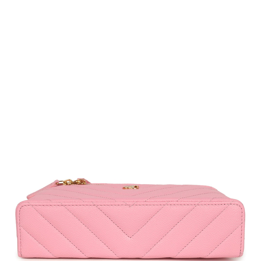 Sleek Chevron Top Handle Long Vanity Case with Chain Pink Shiny Caviar Gold Hardware