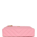 Sleek Chevron Top Handle Long Vanity Case with Chain Pink Shiny Caviar Gold Hardware