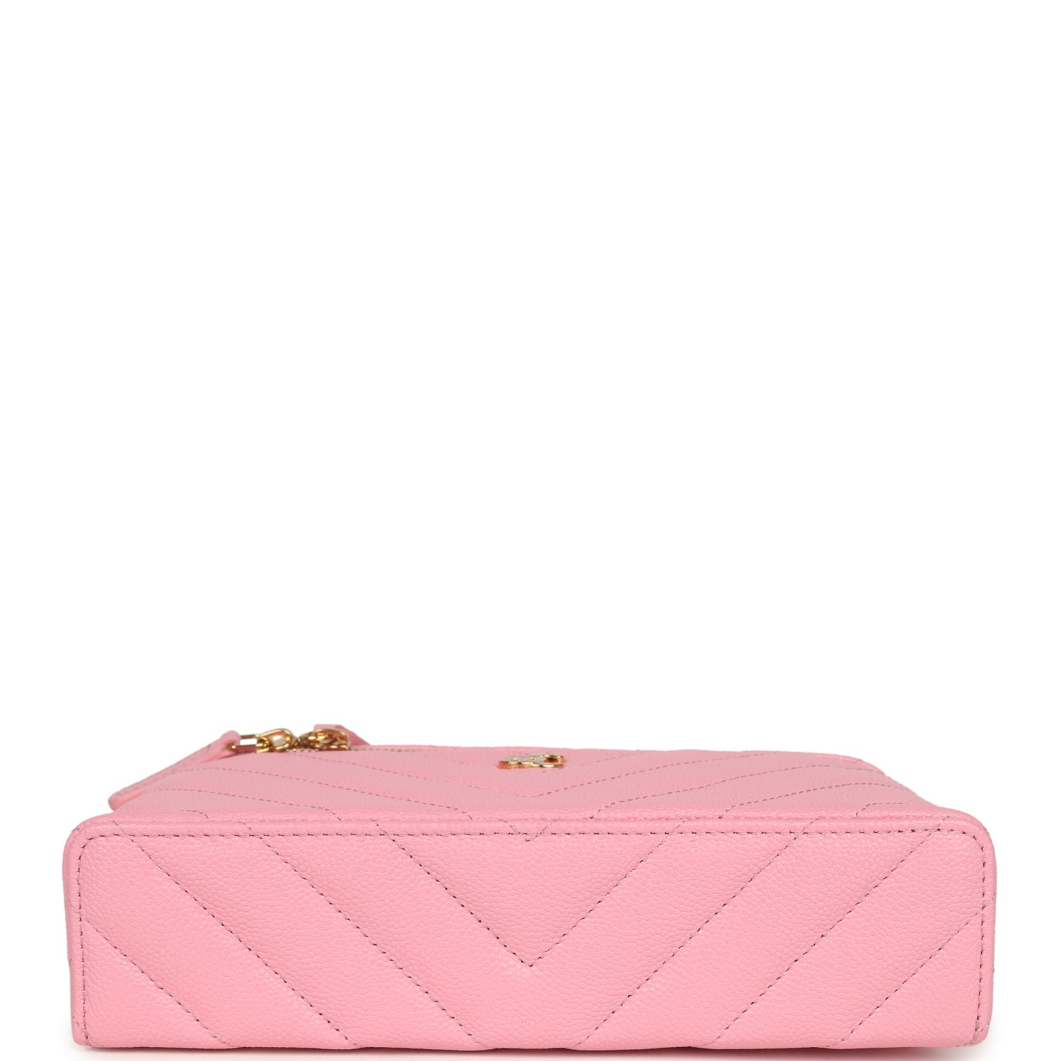 Sleek Chevron Top Handle Long Vanity Case with Chain Pink Shiny Caviar Gold Hardware