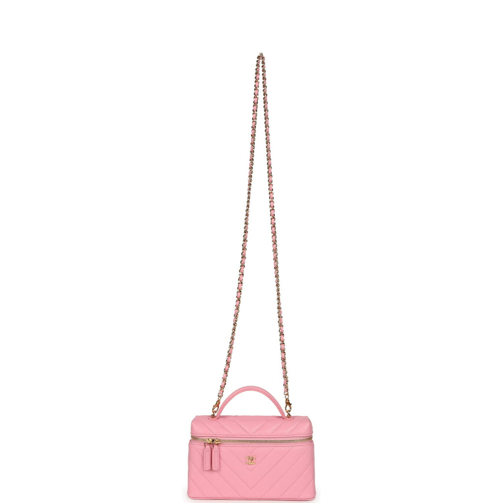 Sleek Chevron Top Handle Long Vanity Case with Chain Pink Shiny Caviar Gold Hardware