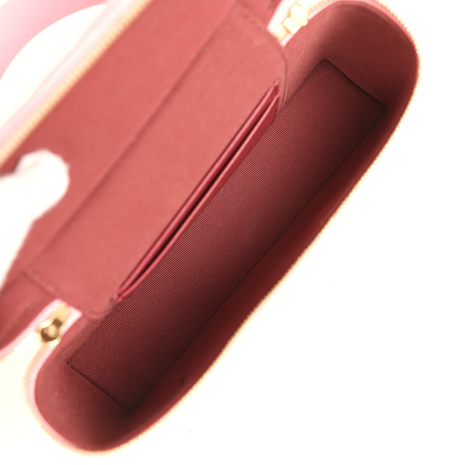 Sleek Chevron Top Handle Long Vanity Case with Chain Pink Shiny Caviar Gold Hardware