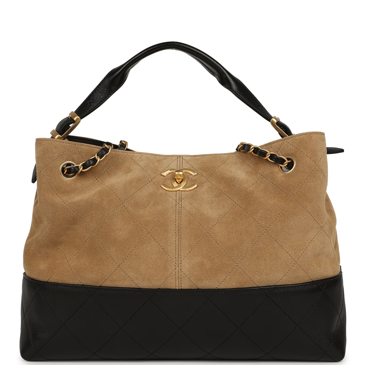 Small Coco Base Hobo Bag Brown Suede and Black Shiny Lambskin Brushed Gold Hardware
