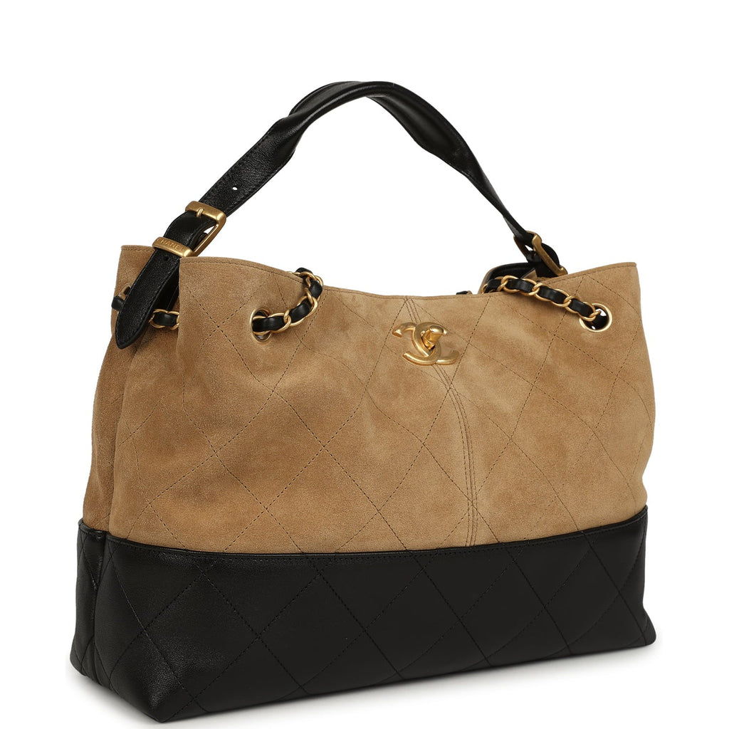 Small Coco Base Hobo Bag Brown Suede and Black Shiny Lambskin Brushed Gold Hardware