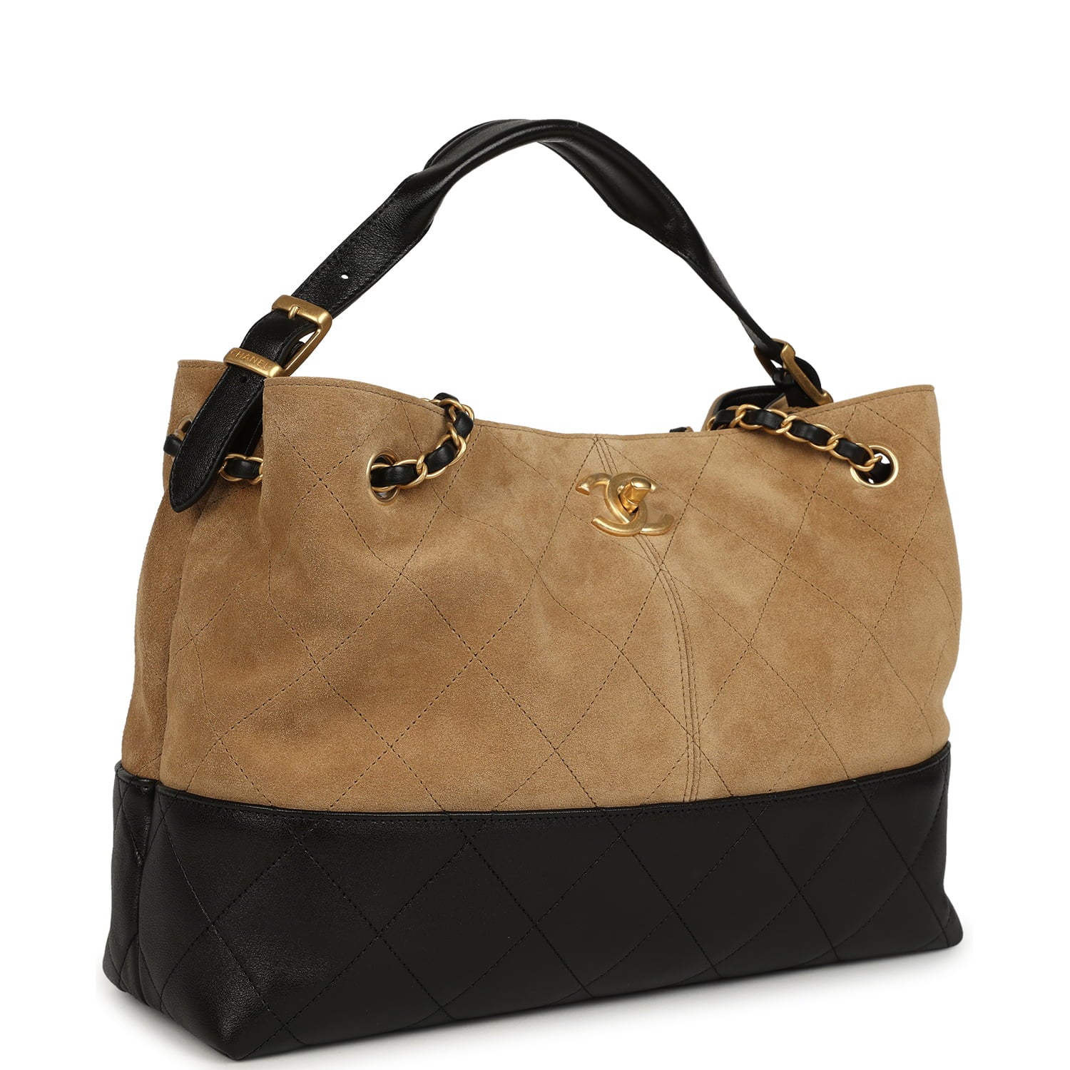 Small Coco Base Hobo Bag Brown Suede and Black Shiny Lambskin Brushed Gold Hardware