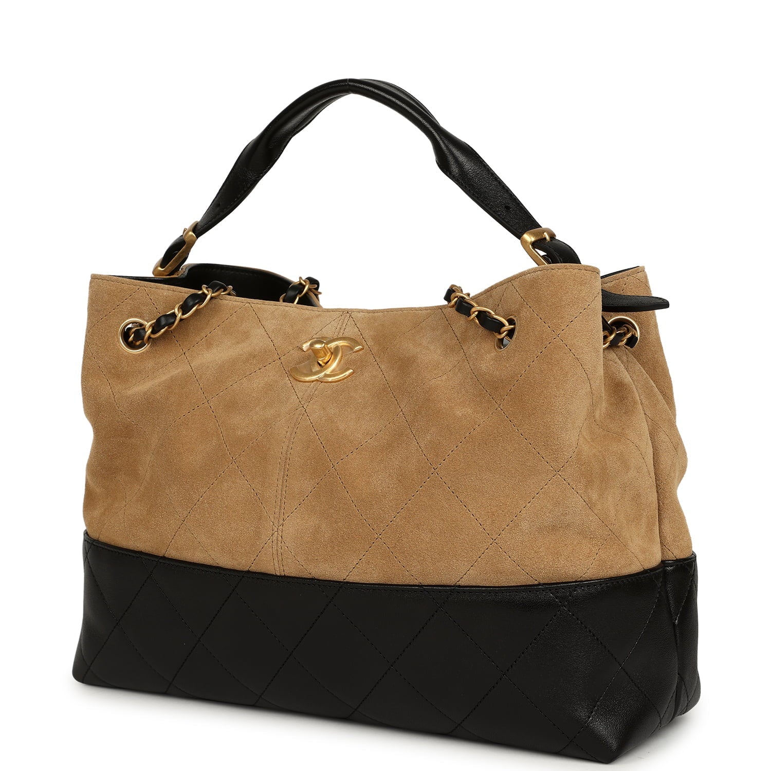 Small Coco Base Hobo Bag Brown Suede and Black Shiny Lambskin Brushed Gold Hardware