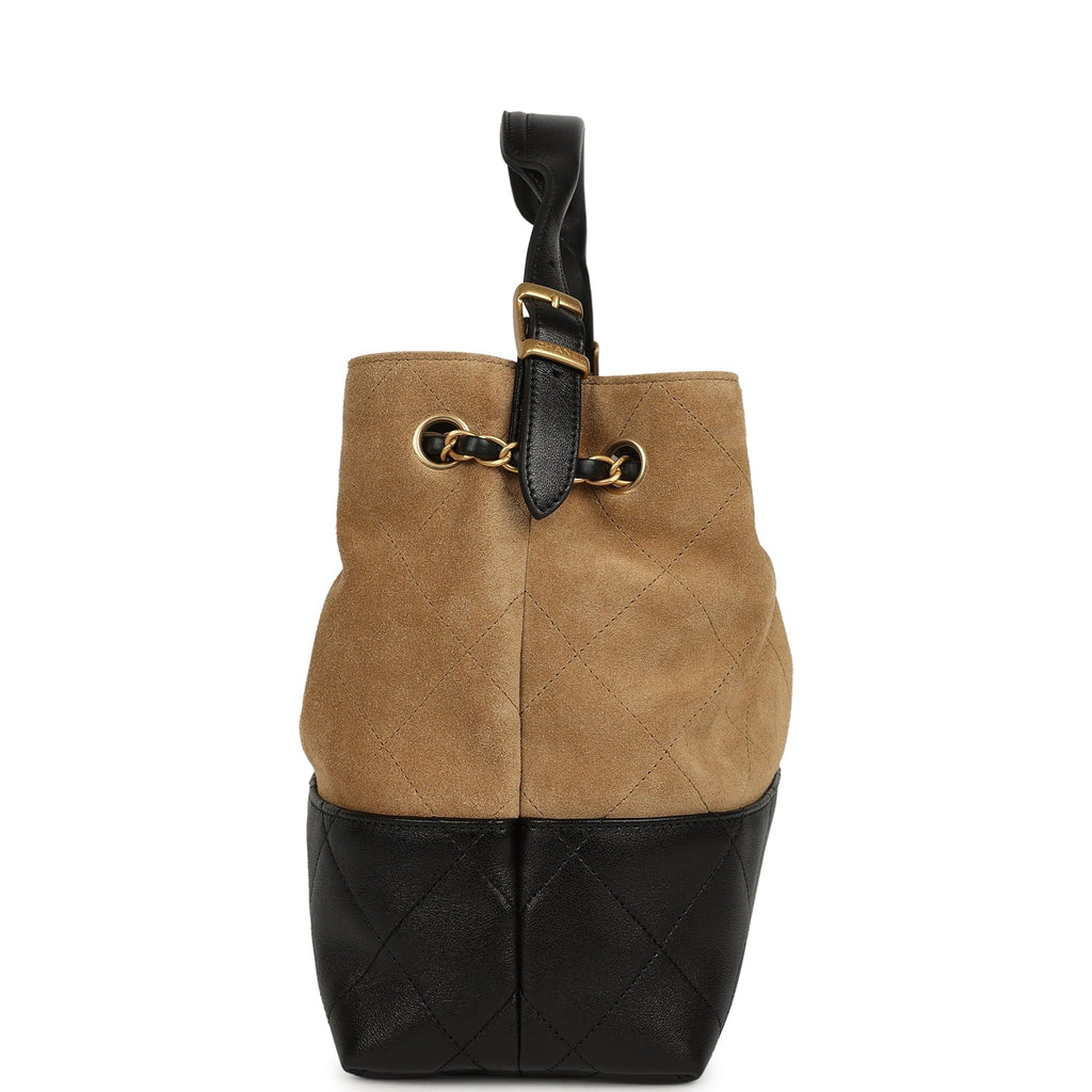 Small Coco Base Hobo Bag Brown Suede and Black Shiny Lambskin Brushed Gold Hardware