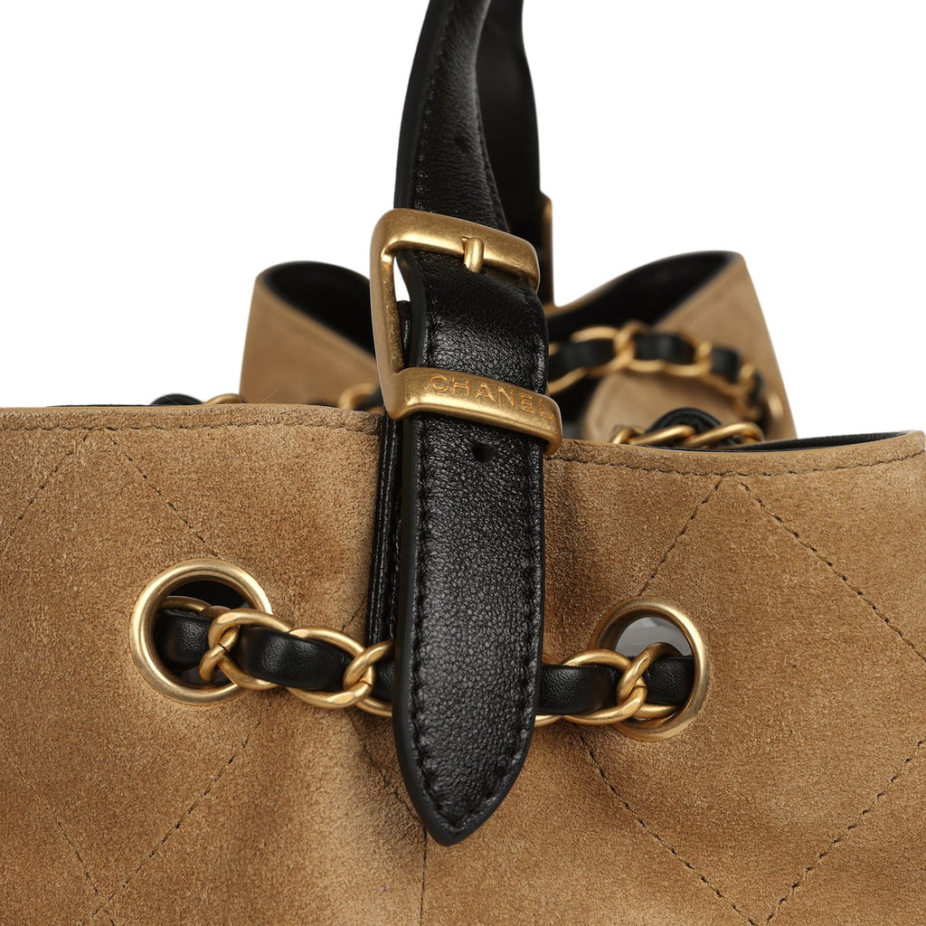 Small Coco Base Hobo Bag Brown Suede and Black Shiny Lambskin Brushed Gold Hardware