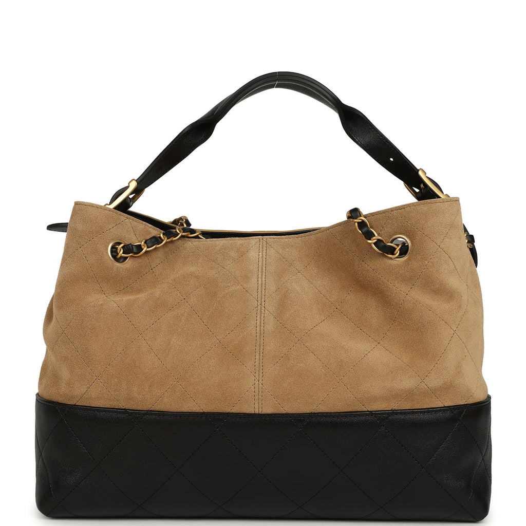 Small Coco Base Hobo Bag Brown Suede and Black Shiny Lambskin Brushed Gold Hardware
