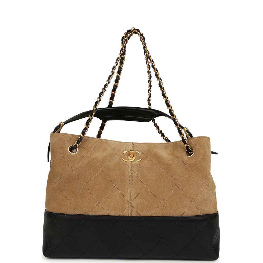 Small Coco Base Hobo Bag Brown Suede and Black Shiny Lambskin Brushed Gold Hardware