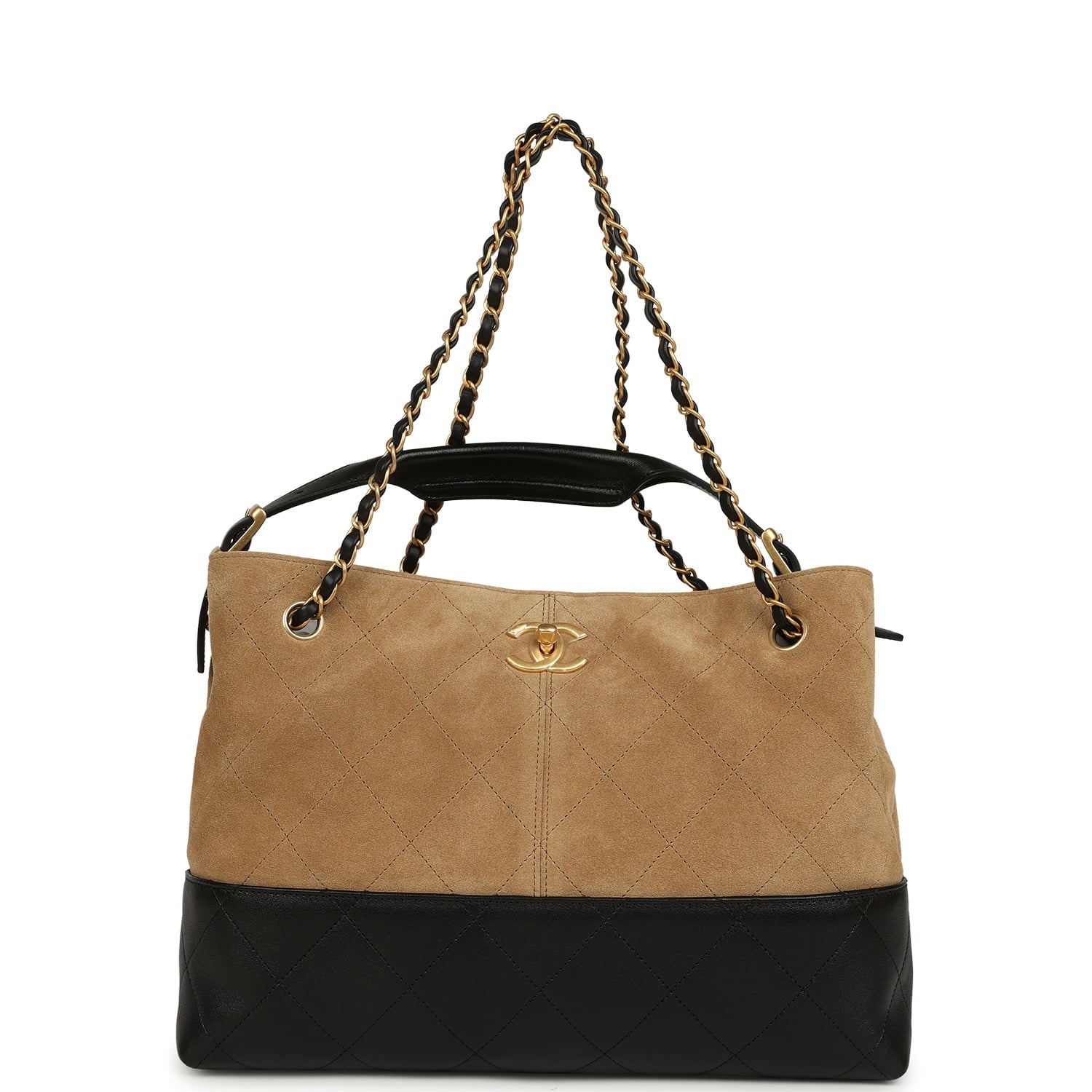 Small Coco Base Hobo Bag Brown Suede and Black Shiny Lambskin Brushed Gold Hardware