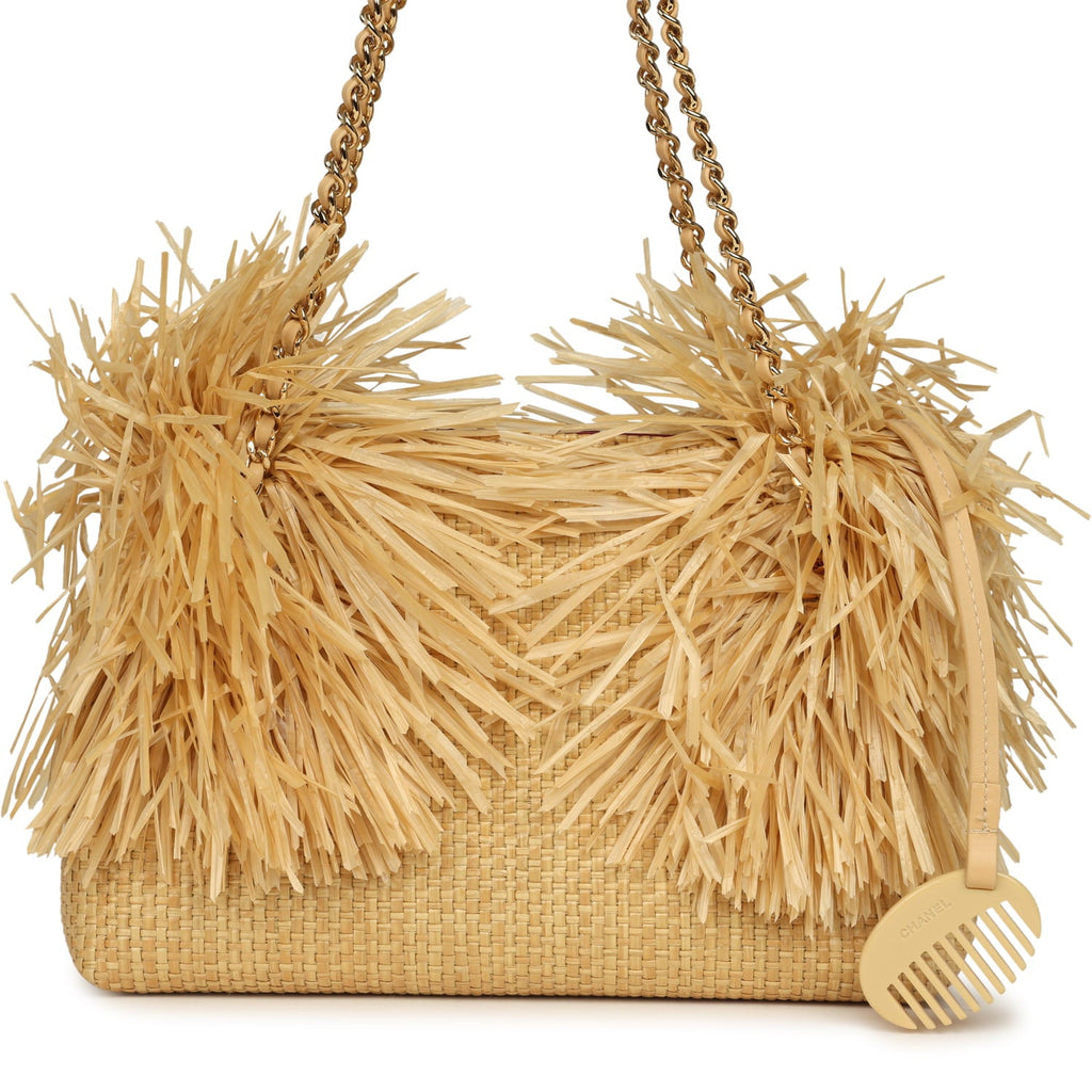 Small CC Shopping Bag Beige Braided Raffia Gold Hardware