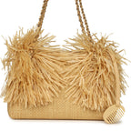 Small CC Shopping Bag Beige Braided Raffia Gold Hardware