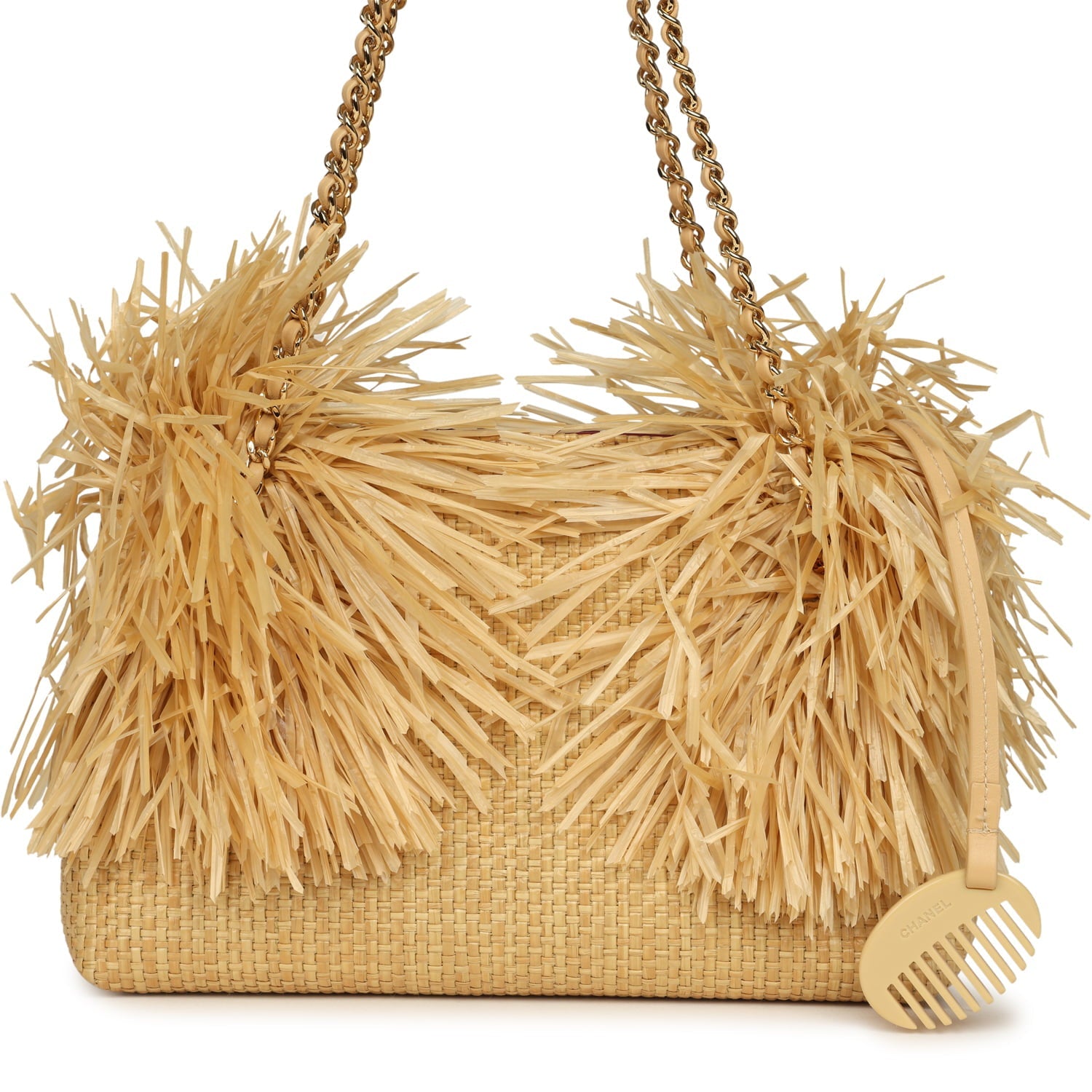 Small CC Shopping Bag Beige Braided Raffia Gold Hardware