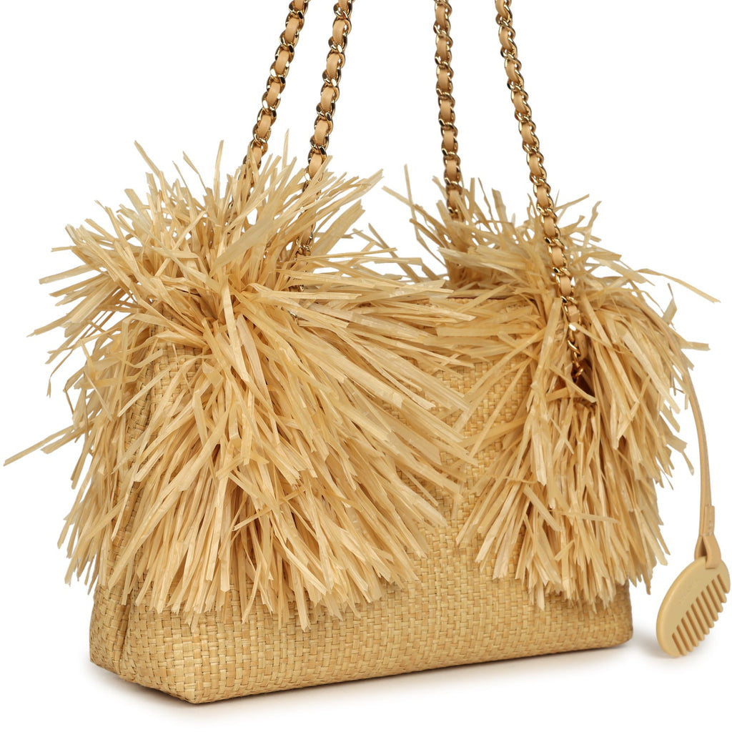 Small CC Shopping Bag Beige Braided Raffia Gold Hardware