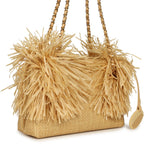 Small CC Shopping Bag Beige Braided Raffia Gold Hardware