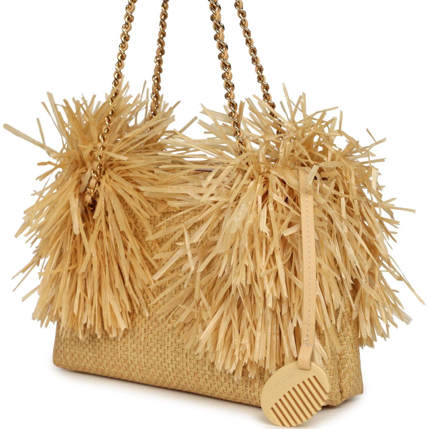 Small CC Shopping Bag Beige Braided Raffia Gold Hardware
