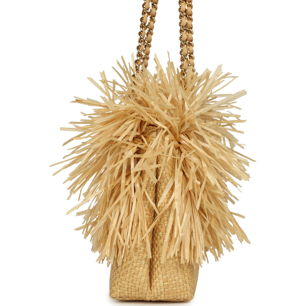 Small CC Shopping Bag Beige Braided Raffia Gold Hardware