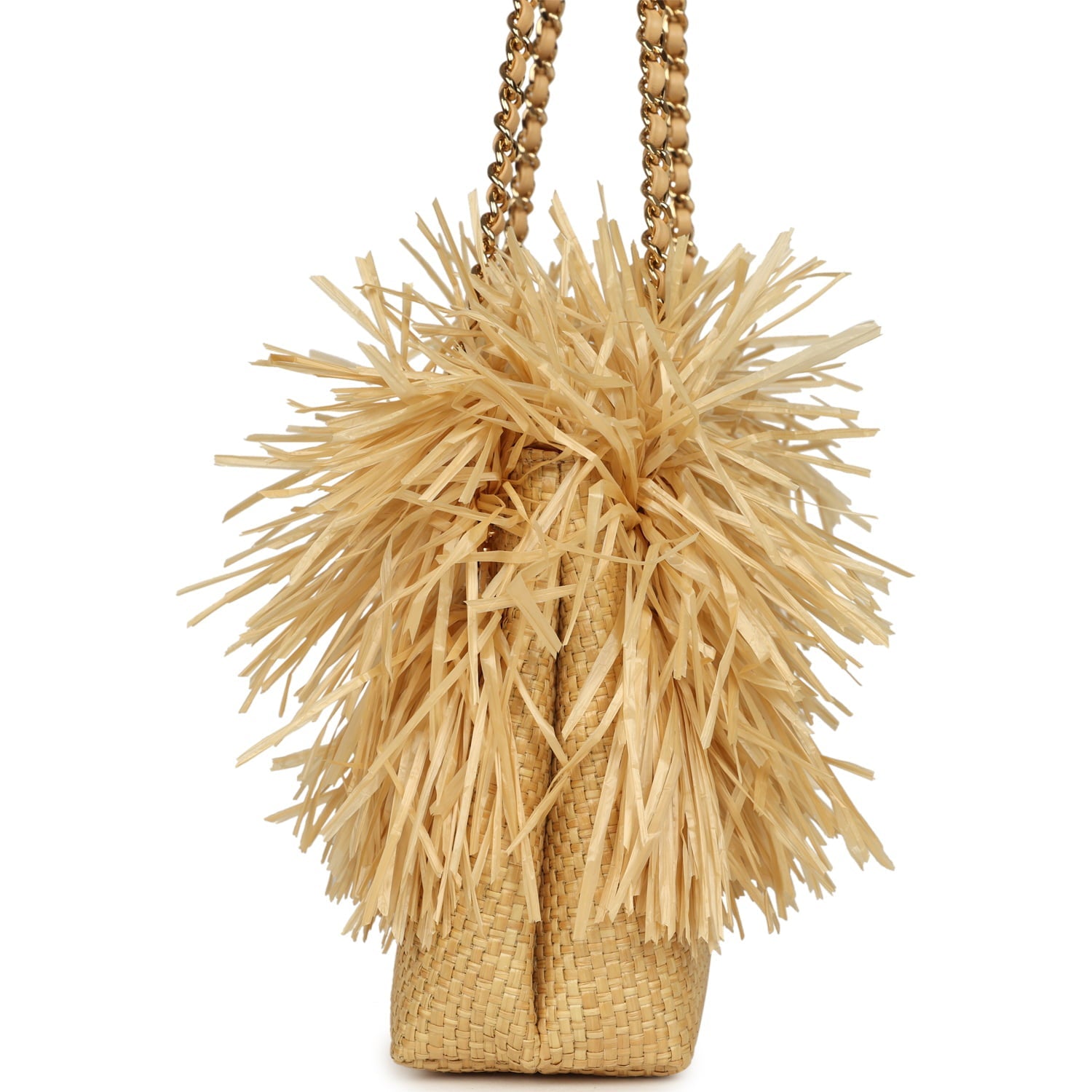 Small CC Shopping Bag Beige Braided Raffia Gold Hardware