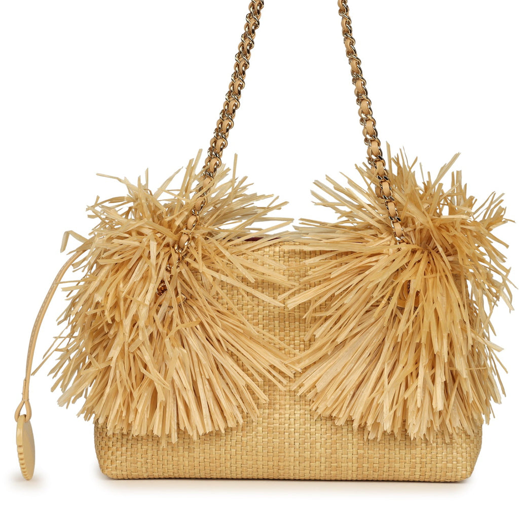 Small CC Shopping Bag Beige Braided Raffia Gold Hardware