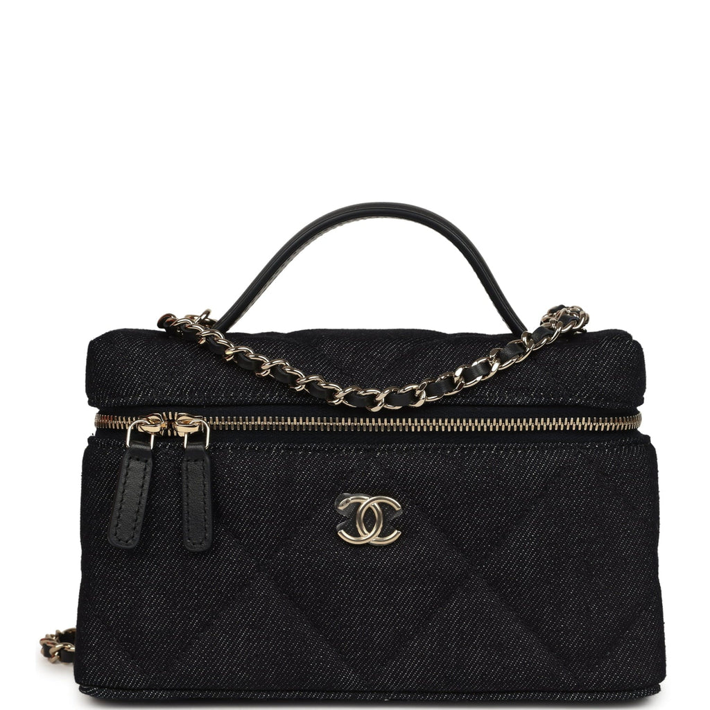 Top Handle Long Vanity Case with Chain Dark Blue Denim Light Gold Hardware
