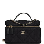 Top Handle Long Vanity Case with Chain Dark Blue Denim Light Gold Hardware