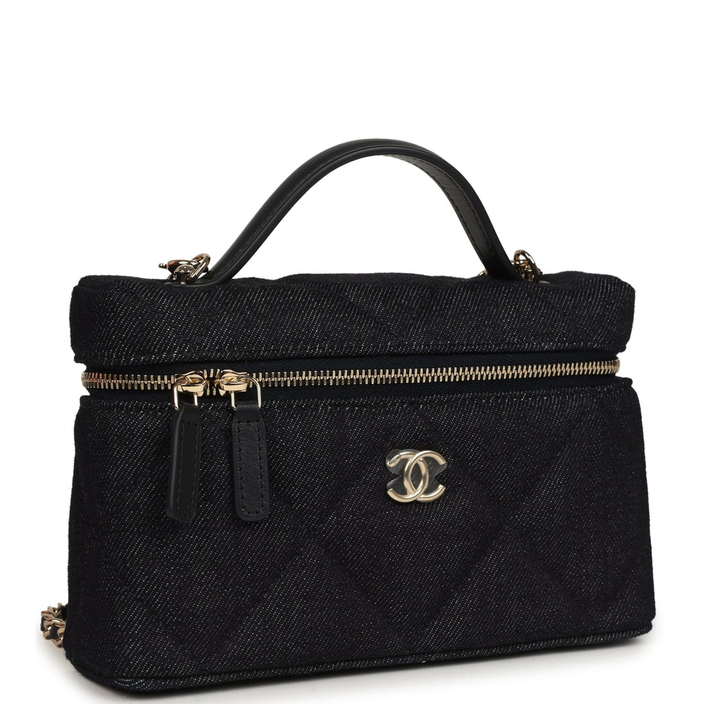Top Handle Long Vanity Case with Chain Dark Blue Denim Light Gold Hardware