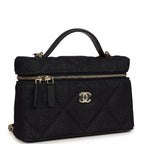 Top Handle Long Vanity Case with Chain Dark Blue Denim Light Gold Hardware