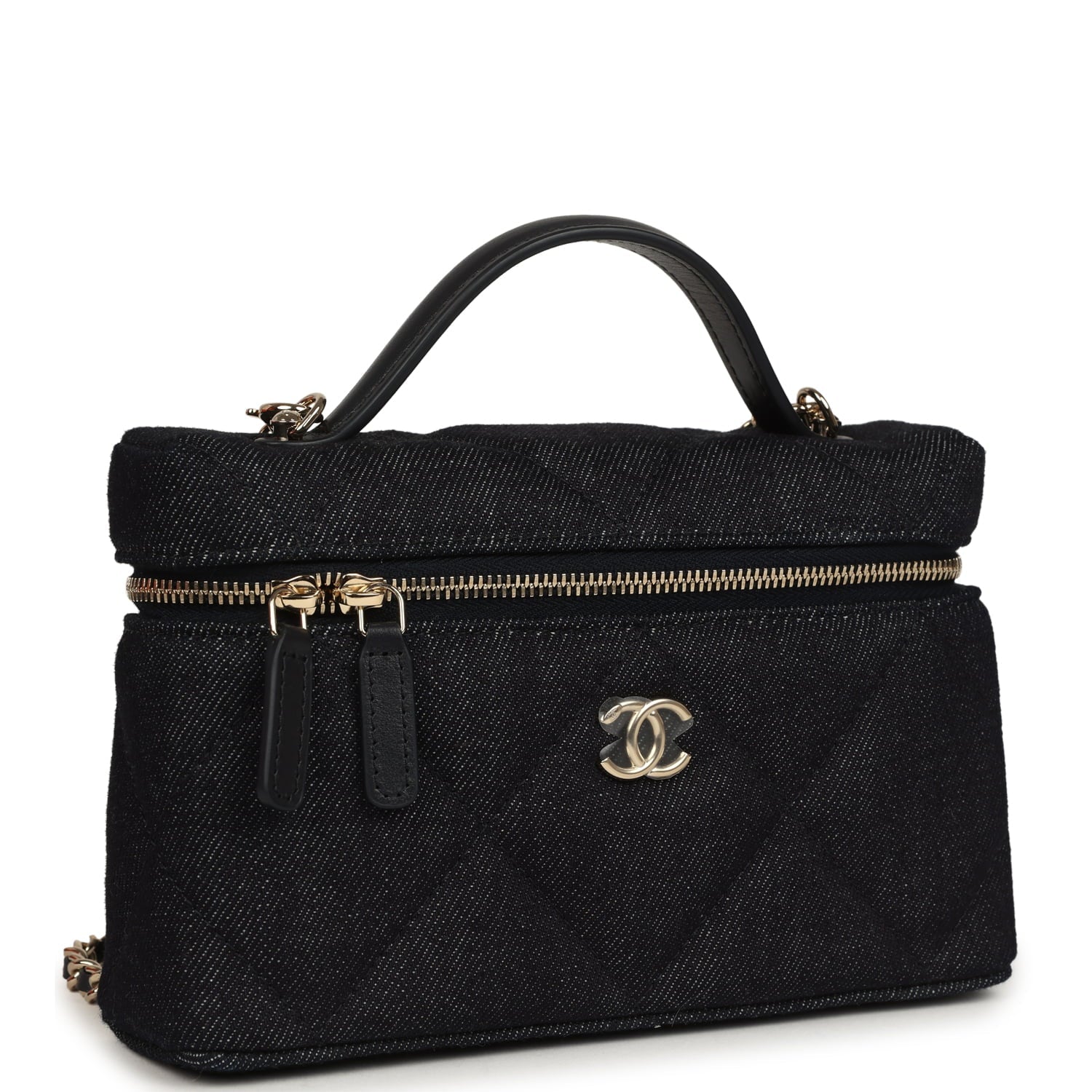 Top Handle Long Vanity Case with Chain Dark Blue Denim Light Gold Hardware