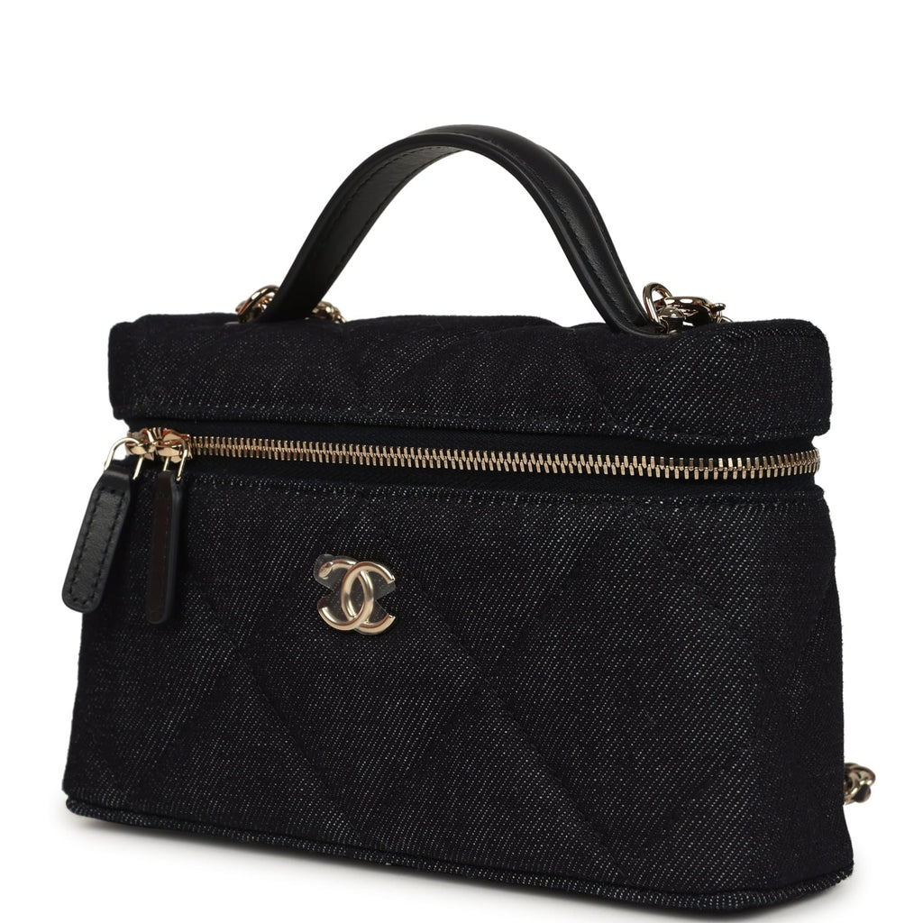 Top Handle Long Vanity Case with Chain Dark Blue Denim Light Gold Hardware