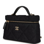Top Handle Long Vanity Case with Chain Dark Blue Denim Light Gold Hardware
