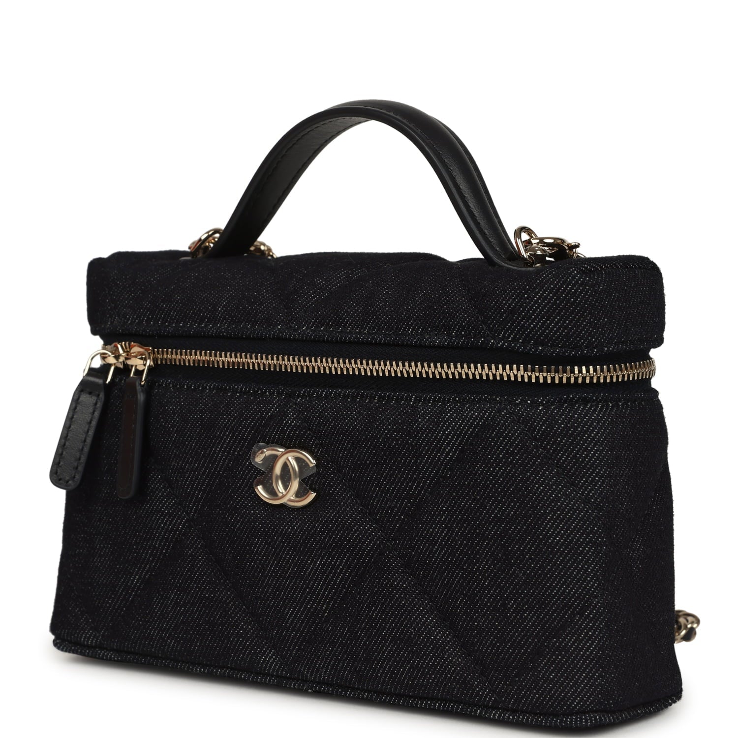 Top Handle Long Vanity Case with Chain Dark Blue Denim Light Gold Hardware