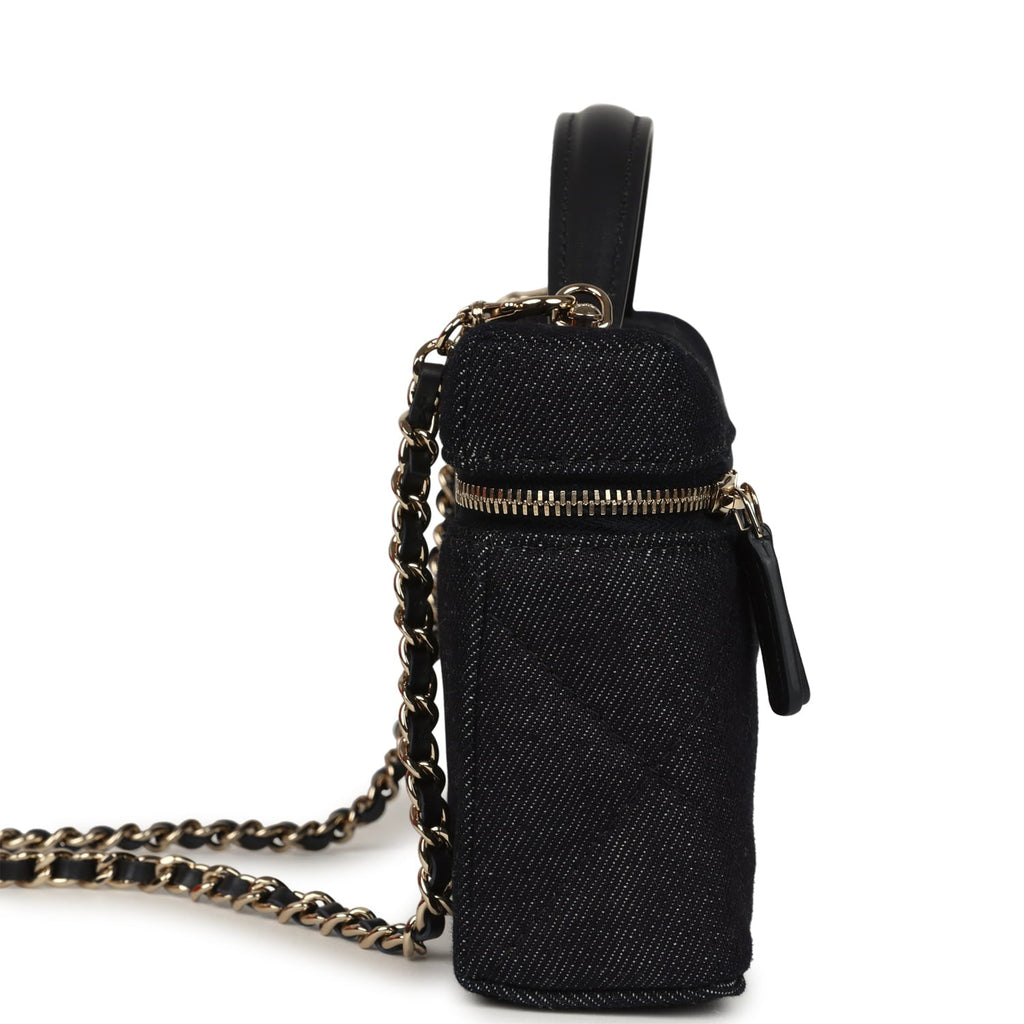Top Handle Long Vanity Case with Chain Dark Blue Denim Light Gold Hardware