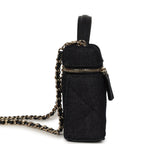 Top Handle Long Vanity Case with Chain Dark Blue Denim Light Gold Hardware