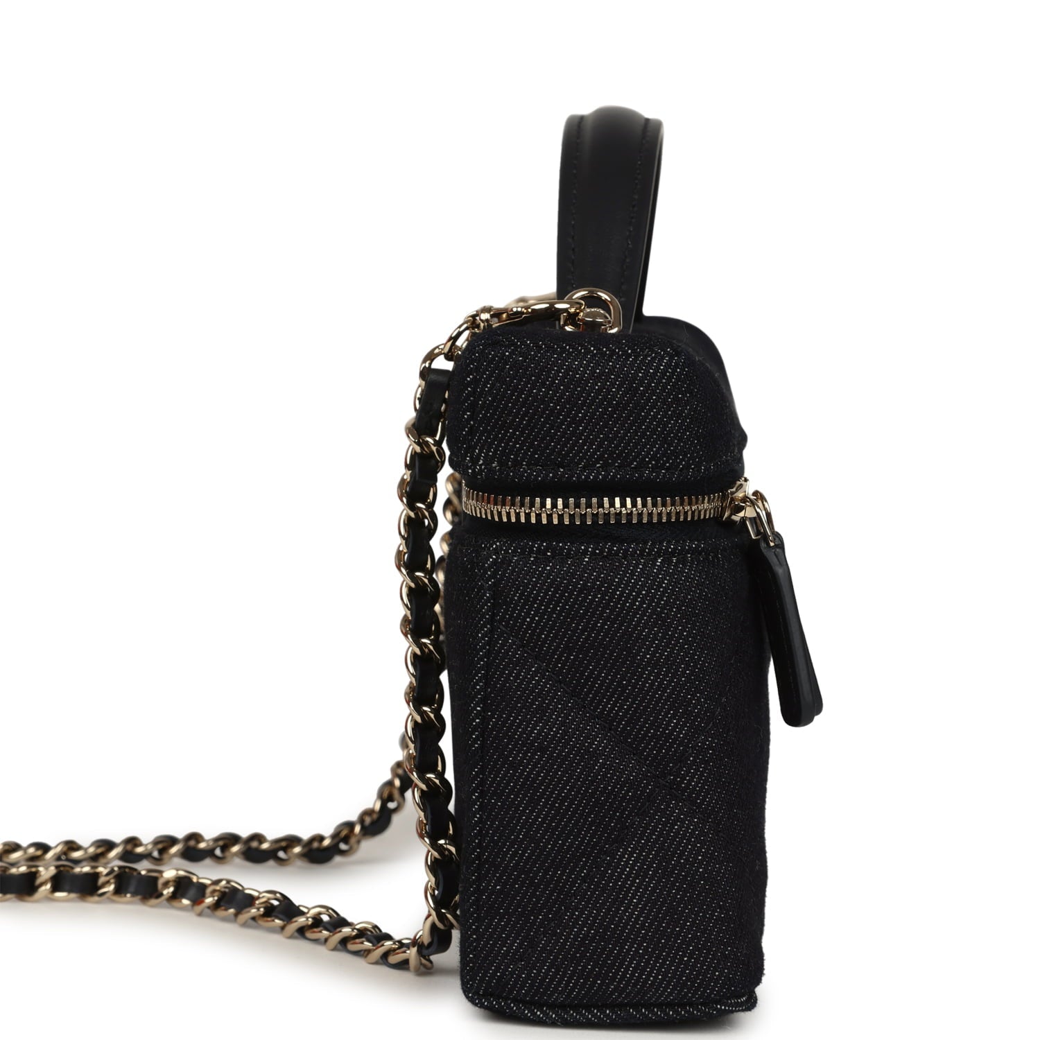 Top Handle Long Vanity Case with Chain Dark Blue Denim Light Gold Hardware