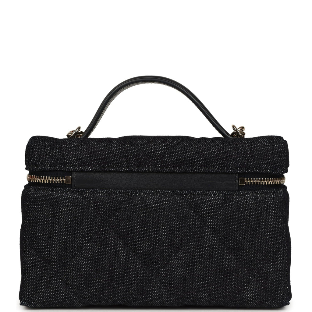 Top Handle Long Vanity Case with Chain Dark Blue Denim Light Gold Hardware