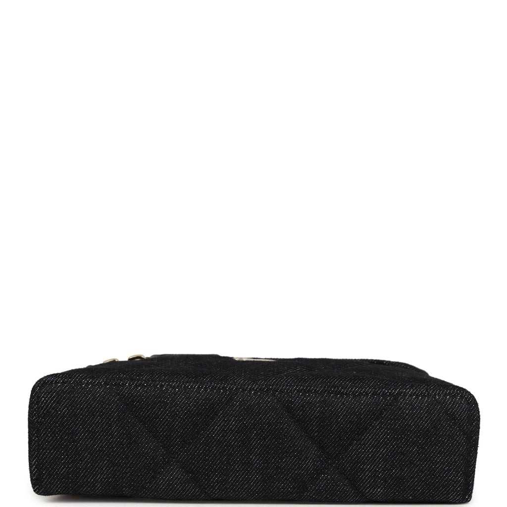 Top Handle Long Vanity Case with Chain Dark Blue Denim Light Gold Hardware