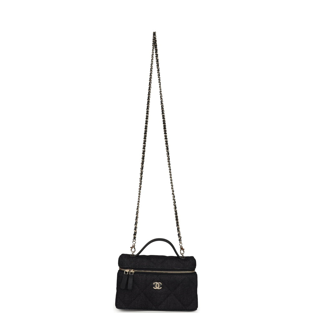 Top Handle Long Vanity Case with Chain Dark Blue Denim Light Gold Hardware