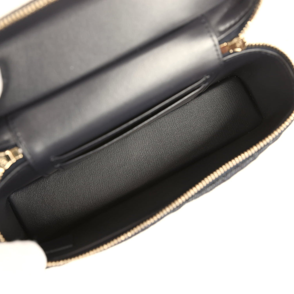 Top Handle Long Vanity Case with Chain Dark Blue Denim Light Gold Hardware