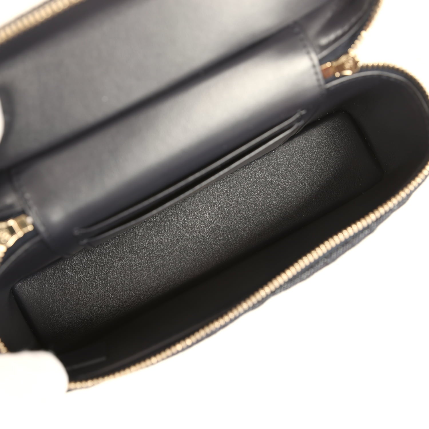 Top Handle Long Vanity Case with Chain Dark Blue Denim Light Gold Hardware