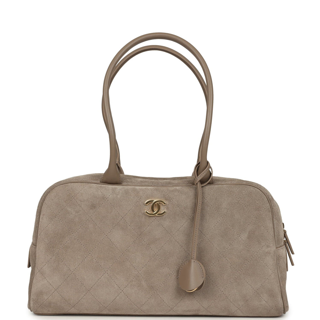 Large "Perfect Bowling" Bag Dark Beige Suede Gold Hardware