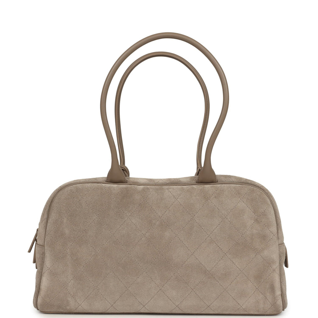 Large "Perfect Bowling" Bag Dark Beige Suede Gold Hardware