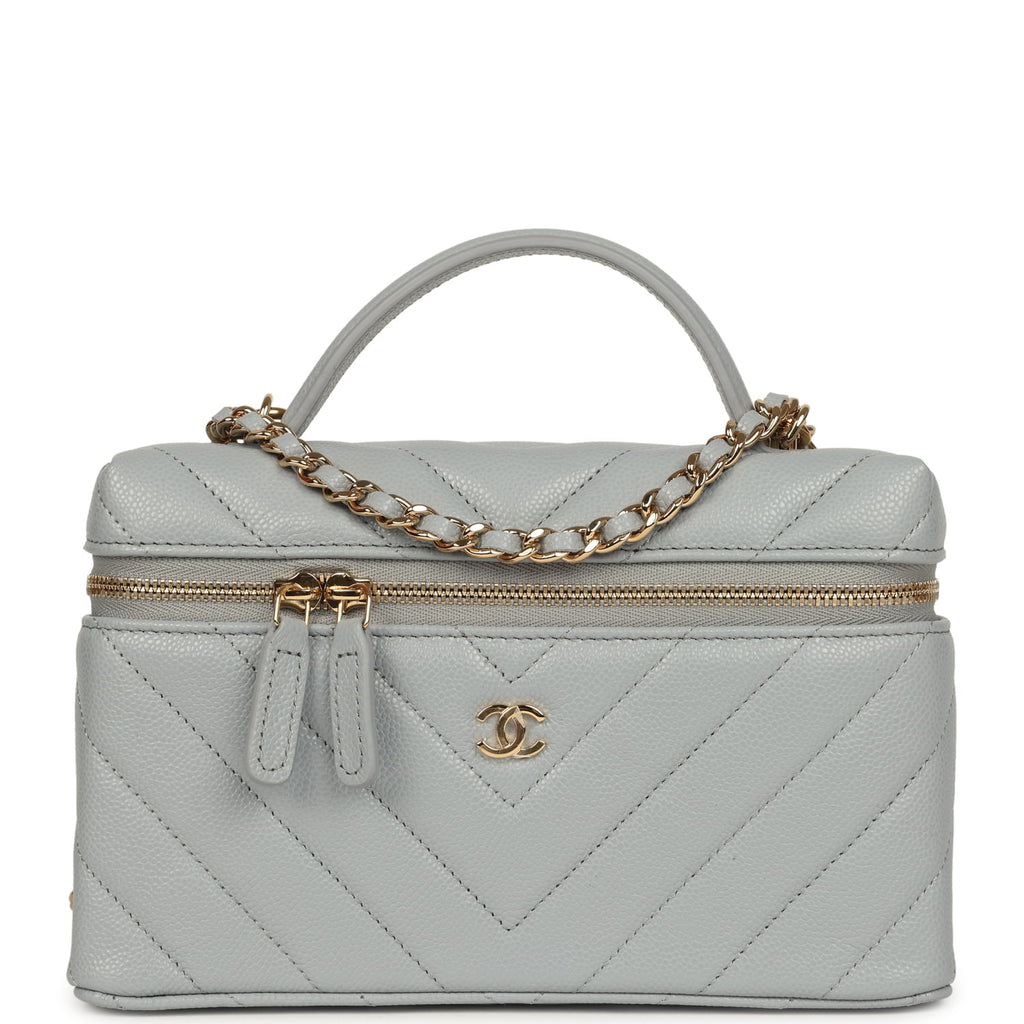 Chevron Top Handle Long Vanity Case with Chain Grey Shiny Caviar Gold Hardware