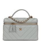 Chevron Top Handle Long Vanity Case with Chain Grey Shiny Caviar Gold Hardware