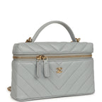 Chevron Top Handle Long Vanity Case with Chain Grey Shiny Caviar Gold Hardware