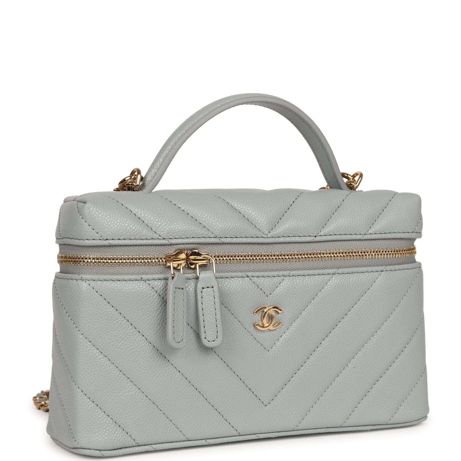 Chevron Top Handle Long Vanity Case with Chain Grey Shiny Caviar Gold Hardware