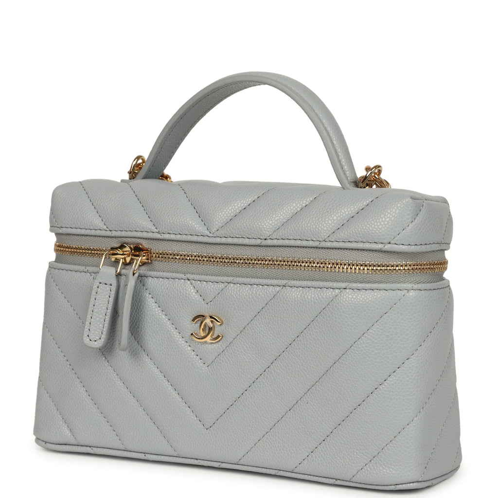 Chevron Top Handle Long Vanity Case with Chain Grey Shiny Caviar Gold Hardware