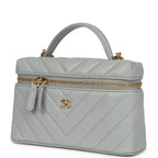 Chevron Top Handle Long Vanity Case with Chain Grey Shiny Caviar Gold Hardware