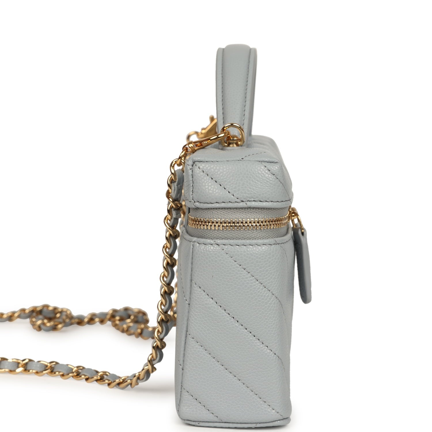 Chevron Top Handle Long Vanity Case with Chain Grey Shiny Caviar Gold Hardware