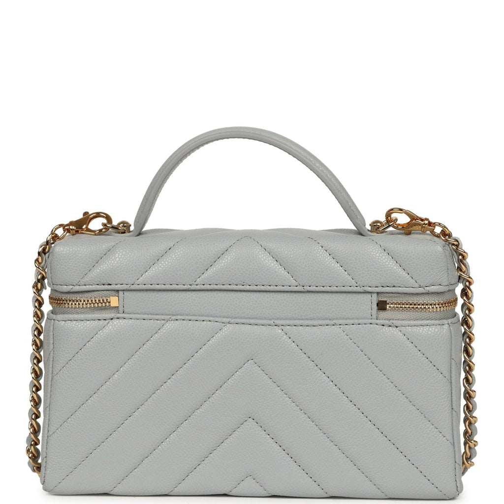 Chevron Top Handle Long Vanity Case with Chain Grey Shiny Caviar Gold Hardware