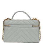 Chevron Top Handle Long Vanity Case with Chain Grey Shiny Caviar Gold Hardware